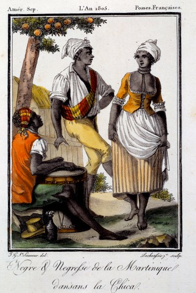 Dança tradicional: habitantes da Martinica dançando chica. Gravura a partir de 1805. Chartres, Museu de Belas Artes de French School