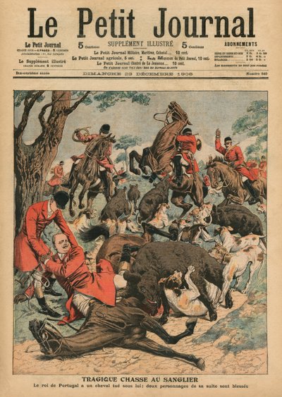 Caça ao javali trágico, o cavalo de Carlos I, rei de Portugal, é morto sob ele, ilustração da capa do &39;Le Petit Journal&39;, suplemento ilustre, 23 de dezembro de 1906 de French School