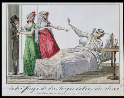 Consequência trágica de freqüentar bordéis, caricatura de um sifilítico, c.1800 (gravura a cores) de French School