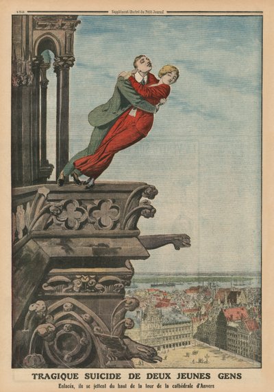 Suicídio trágico de dois jovens da torre da catedral em Antuérpia, ilustração da capa traseira do &39;Le Petit Journal&39;, suplemento ilustre, 11 de maio de 1913 de French School
