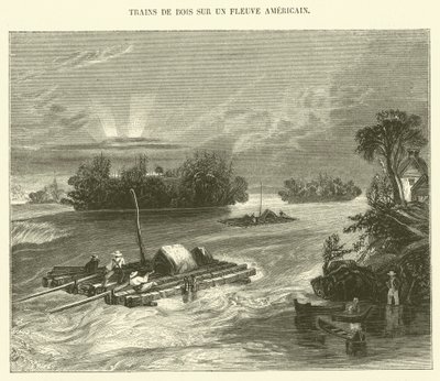 Trens de madeira em um rio americano (gravura) de French School