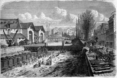 Transformações de Paris sob o Segundo Império, Haussmann Paris: obras realizadas para o rebaixamento da massa de água do Canal Saint Martin. Gravura em "Le Monde Illustré" n°143 de 7 de Janeiro de 1860. de French School