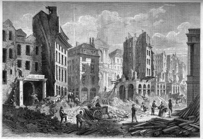 Transformações de Paris sob o Segundo Império, Paris Haussmann: demolição da Rue de la Barillerie para o piercing do Boulevard Sebastopol. Gravura no "Le Monde Illustré" n°126 de 10 de Setembro de 1859. de French School
