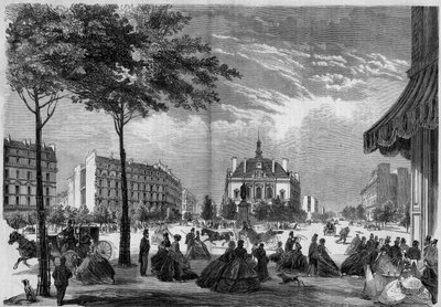 Transformações de Paris sob o Segundo Império, Paris Haussmann: a nova Câmara Municipal do XI Arrondissement em Paris. (Você pode ver Voltaire Boulevard e Parmentier Avenue). Gravidade a partir de 1865. de French School