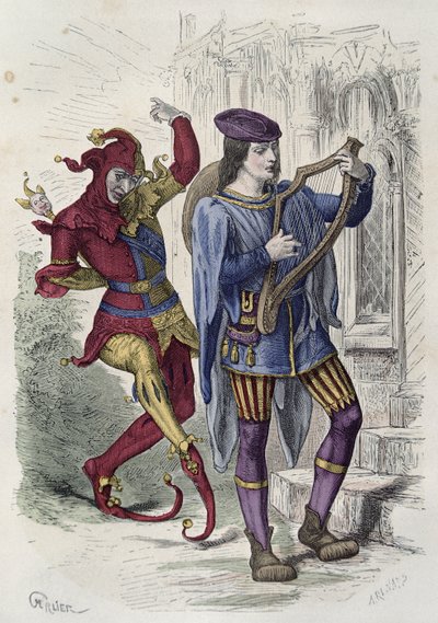 Viajando músico e dança de tolo de tribunal (gravura de cor) de French School