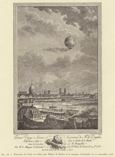 Balonismo em Paris por Pilatre de Rozier e o Marquês de Arlandes, 21 de Novembro de 1783 (gravura) de French School