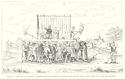 Treteau de um barqueiro, vendedor de drogas, a partir de um desenho colorido de uma ms do século XV (gravura) de French School