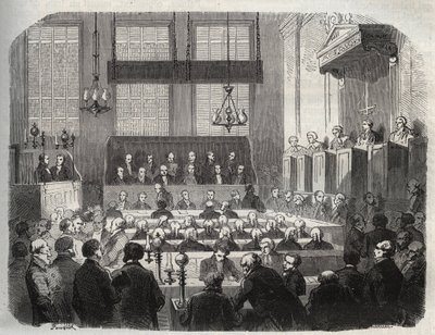 Julgamento de William Palmer, no Tribunal Penal Central, Maio de 1856, por envenenamento de John Parsons Cook, em Rugeley (gravura) - William Palmer perante o Tribunal Penal Central em Londres em 1856 - Gravura em "Causes celebres de tous peuples" de Arman de French School