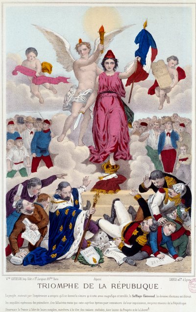 Triunfo da República, gravura de 1875. Alegoria sobre o sufrágio universal que destrói os inimigos da república: "[...] Mas a França está ao abrigo da sua conspiração, caminhando à frente das nações civilizadas na senda do progresso e da liberdade". de French School