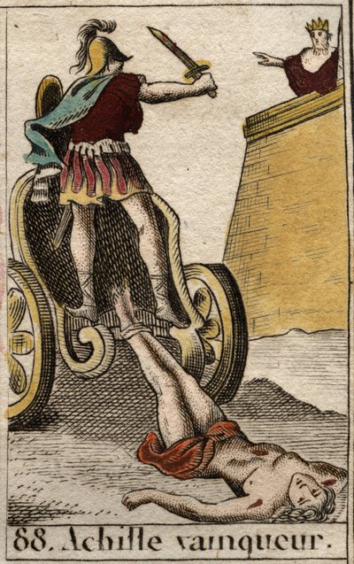 Guerra de Tróia: O Triunfante Aquiles arrastando o corpo sem vida de Hector em frente aos Portões de Tróia. Da "Mitologia da Juventude", de Pierre Blanchard 1803. de French School