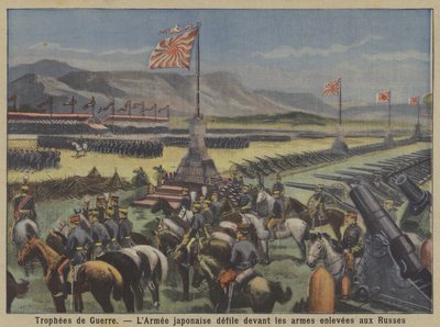 Troféus de guerra: o exército japonês desfila antes dos armamentos russos capturados na Guerra Russo-Japonesa (cor litho) de French School