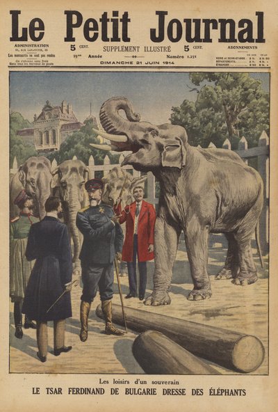 Czar Ferdinando I de Bulgraia treinando elefantes (cor litho) de French School
