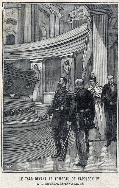 O Czar Nicolau II da Rússia (1868-1918) e a Czarina Alexandra Fiodorovna Romanova (1872-1918) em frente ao túmulo de Napoleão I Bonaparte no Hotel des Invalides em Paris, no "Le Petit Parisien". de French School