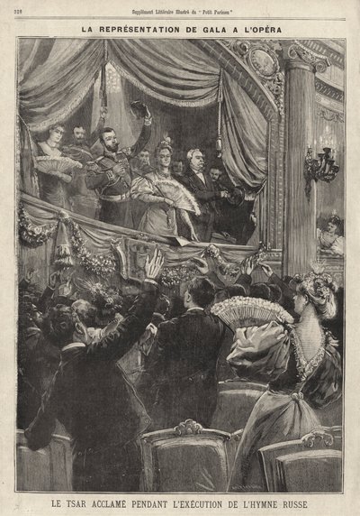 O czar Nicolau II da Rússia aclamado pelo público durante a interpretação do hino nacional russo em uma apresentação de gala na Ópera de Paris durante sua visita à França de French School