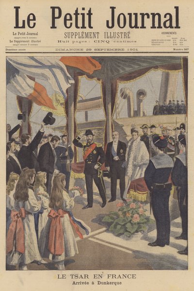 O czar Nicolau II da Rússia chega a Dunquerque na sua visita a França (cor litho) de French School