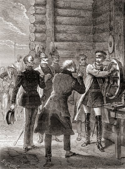 Czar Nicholas I inaugurando a linha telegráfica do semáforo entre Moscou e Varsóvia em 1833, usando uma modificação do sistema de semáforo de Claude Chappe, de Les Merveilles de la Science, publicado c.1870 (gravura) de French School