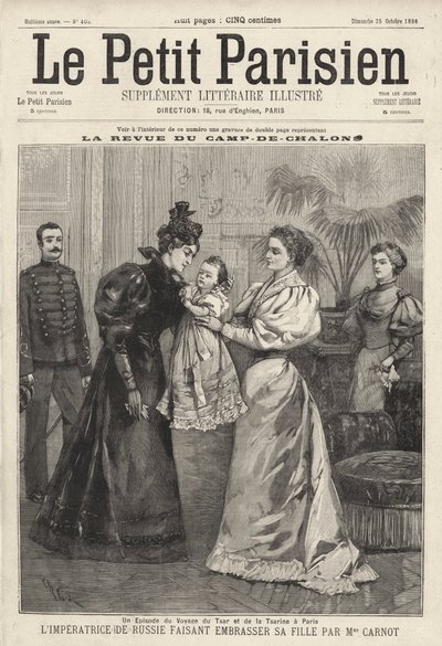 A Czarina Alexandra da Rússia convida a viúva da presidente francesa Sadi Carnot para beijar a filha, a Grã-Duquesa Olga, durante a visita da Família Imperial Russa a Paris de French School