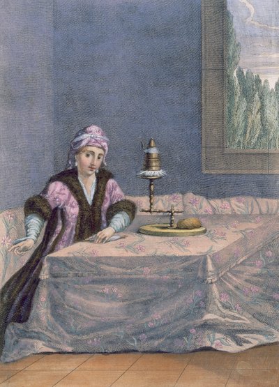 Mulher turca, girando o fio, c.1708 de French School