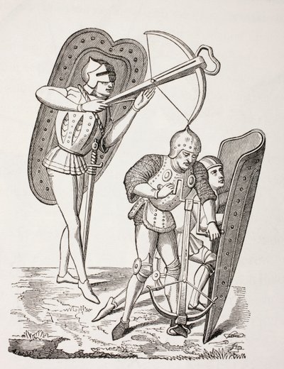 Dois besteiros franceses do século 15, um disparando sua arma, o outro carregando-o com um guincho, ambos protegidos por pavios, de "Les Arts au Moyen Age", publicado em 1873 de French School