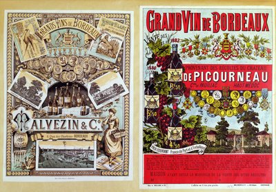 Dois anúncios para os distribuidores da Malevezin e da Companhia e para o vinhedo Chateau de Picourneau, da região de Bordeaux, no final do século XIX de French School