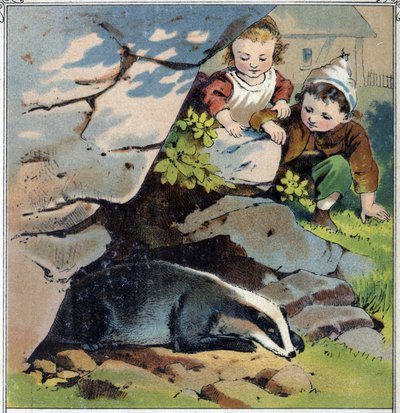 Duas crianças observam um texugo na toca dele. Cromolitografia da "Childhood Scenes" ed. Guerin - Muller por volta de 1885. de French School