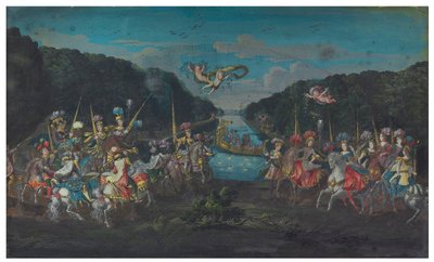 Duas folhas de leque: O carrossel pomposo das valentes amazonas das quatro partes do mundo; e Procissão saindo de um templo acompanhada de putti, segunda metade do século XVII (guache no papel) de French School