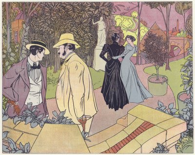 Dois homens conversam enquanto duas mulheres caminham em um jardim de French School