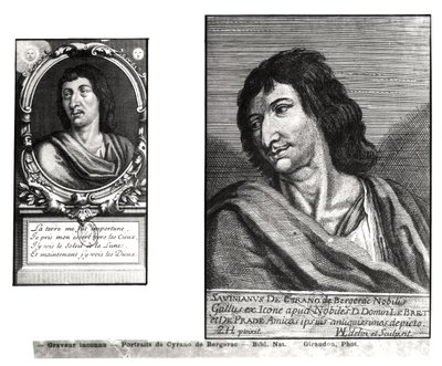 Dois retratos de Savinien Cyrano de Bergerac (1619-1655), à direita depois de Zacharie Heince (1611-1669) de French School