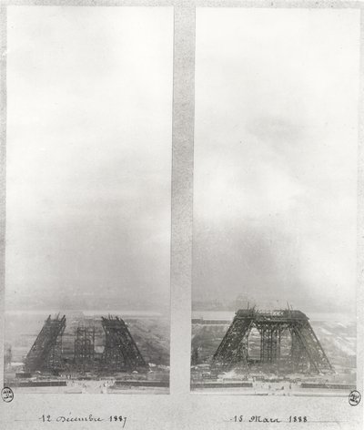 Duas vistas da construção da Torre Eiffel, Paris, 12 de dezembro de 1887 e 15 de março de 1888 de French School