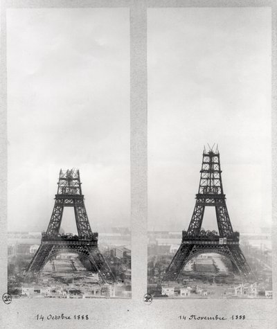Duas vistas da construção da Torre Eiffel, Paris, 14 de outubro e 14 de novembro de 1888 de French School