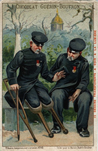 Dois inválidos de guerra: um rabo a falar com um pinguim. Cromolitografia do século XIX. de French School