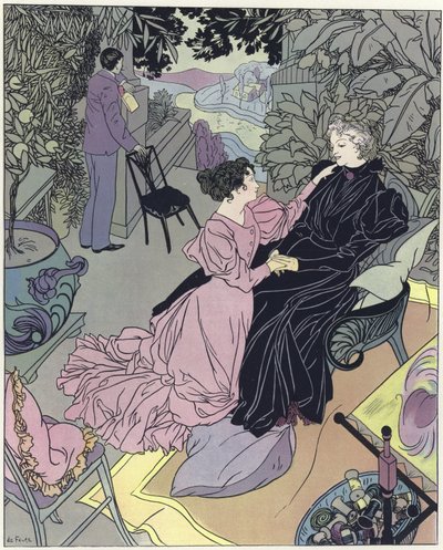 Duas mulheres, sentando, em, um, conservatório de French School