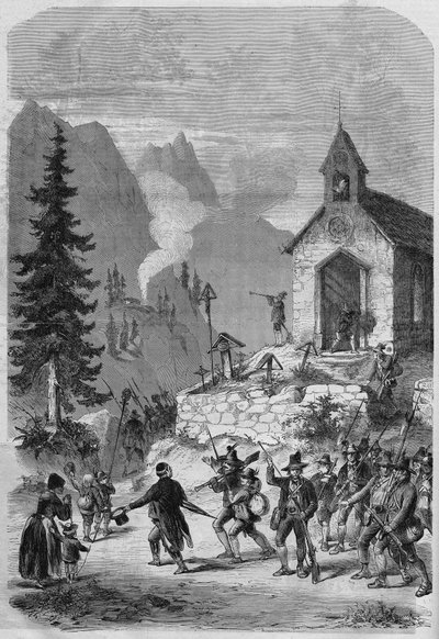 Tirol, cena do regresso das tropas tirolesas do exército austríaco, em outubro de 1866. Gravura de French School