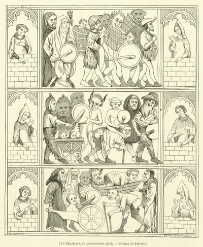 Un Charivari, au quatorzieme siecle, Roman de Fauvel (gravura) de French School