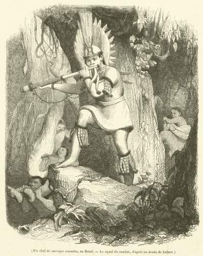 Um líder de coroados selvagens, no Brasil, O sinal da luta (gravura) de French School