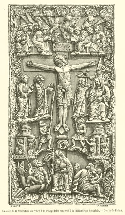 Um lado da capa de marfim de um livro de evangelista guardado na Biblioteca Imperial (gravura) de French School
