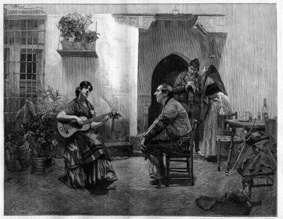Sob o feitiço: um homem a abafar com admiração uma jovem espanhola a tocar guitarra. Gravura após a pintura de Jules Worms (1832-1914) em "The Illustrous World", 1 de maio de French School