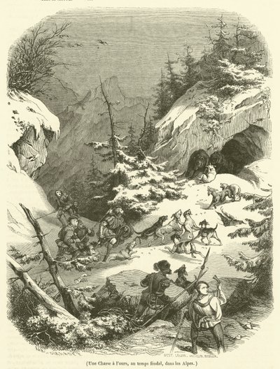 Uma caça ao urso na época feudal nos Alpes (gravura) de French School