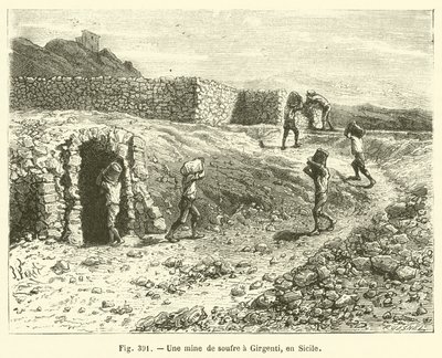 Uma mina de enxofre em Girgenti, Sicília (gravura) de French School
