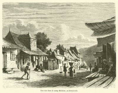 Uma rua no acampamento de Malabar, Port Louis (gravura) de French School