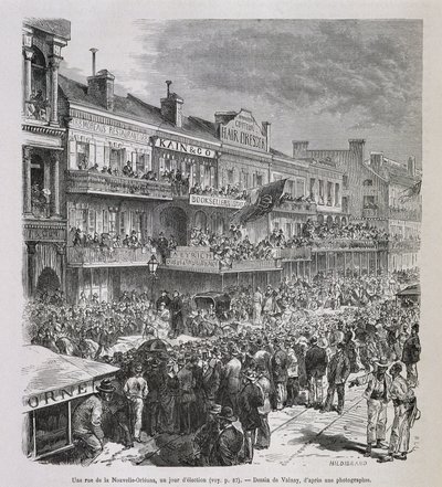 Uma rua em Nova Orleans no dia da eleição de 1875 - em "Le Tour du Monde", 2º sem. 1876 de French School