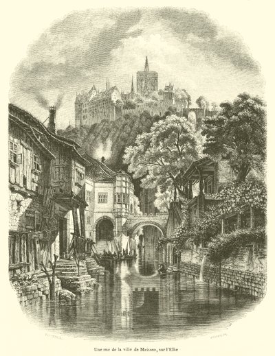 Uma rua na cidade de Meissen no Elba (gravura) de French School
