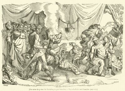 Uma cena do poema dos Niebelungen (gravura) de French School