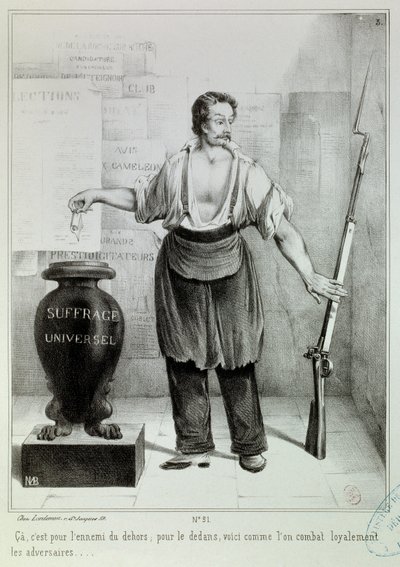 Sufrágio universal "o voto ou o fuzil" O voto deve combater o inimigo em vez do fuzil. Gravação de M.L. Bosredon, abril de 1848. Paris, Musee Carnavalet de French School