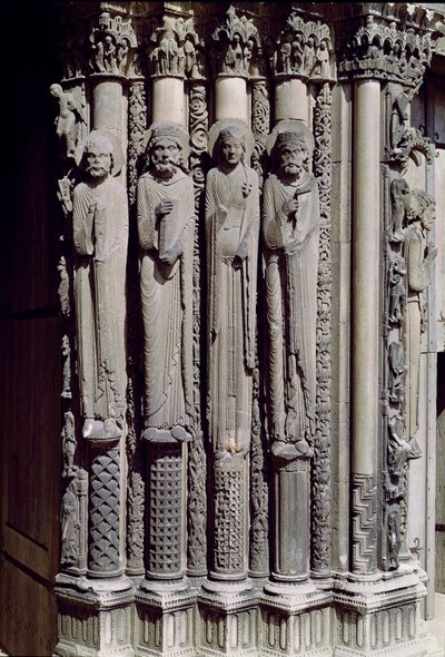 Figura desconhecida, o rei Salomão, a rainha de Sabá e o rei Davi, figuras jamb do Portal Real, 1140-55 de French School