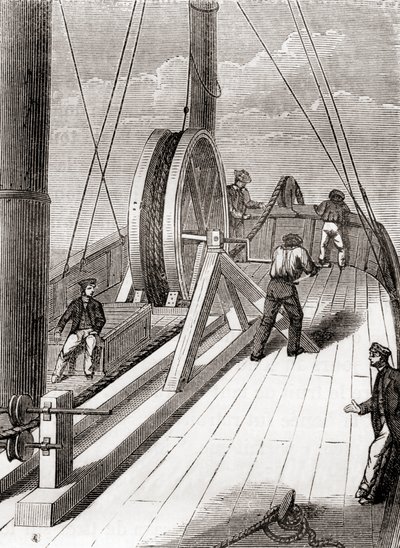 Desenrolar o cabo submarino Dover to Calais a bordo do Blazer, 25 de Dezembro de 1851, de Les Merveilles de la Science, publicado c.1870 (gravura) de French School