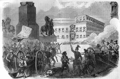 Revolta em Bolonha: derrubamento do governo pontifício sob o Papa Gregoire XVI de 1831 a 1846. Gravação no "Histoire des Papes-Rois-Queen and Empereurs a travessa les centuries" de Maurice Lachatre de French School