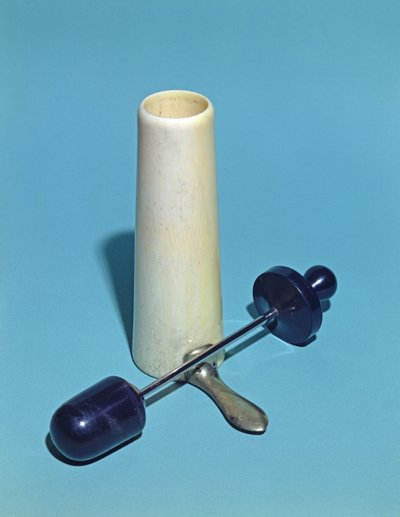 Espéculo vaginal usado por Antoine Jobert de Lamballe (1799-1867) (metal e marfim) de French School