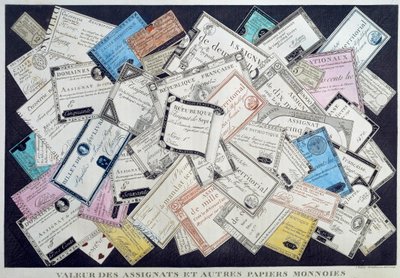 Valor das moedas atribuídas e outras moedas de papel durante a Revolução Francesa. Século XVIII. Musee Carnavalet, Paris - O valor dos cessionários e de outras moedas de papel durante a Revolução Inglesa. Gravura de French School
