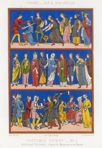 Vários trajes da França dos séculos XII e XIII de French School
